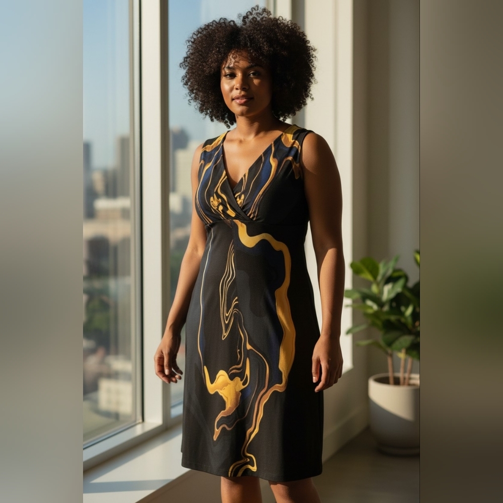 Eva Varro Black Midi Dress with Mustard Swirl Print Size M